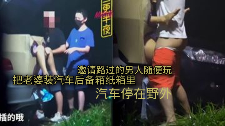 三更半夜系列把老婆装汽车后备箱纸箱里汽车停在野外.邀请路过的男人随便玩想怎么玩就怎么玩